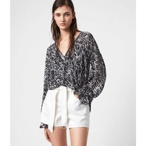 ALLSAINTS Penny Ambient Blouse Pale Grey Size S Slouchy Airy Chiffon Loose Fit